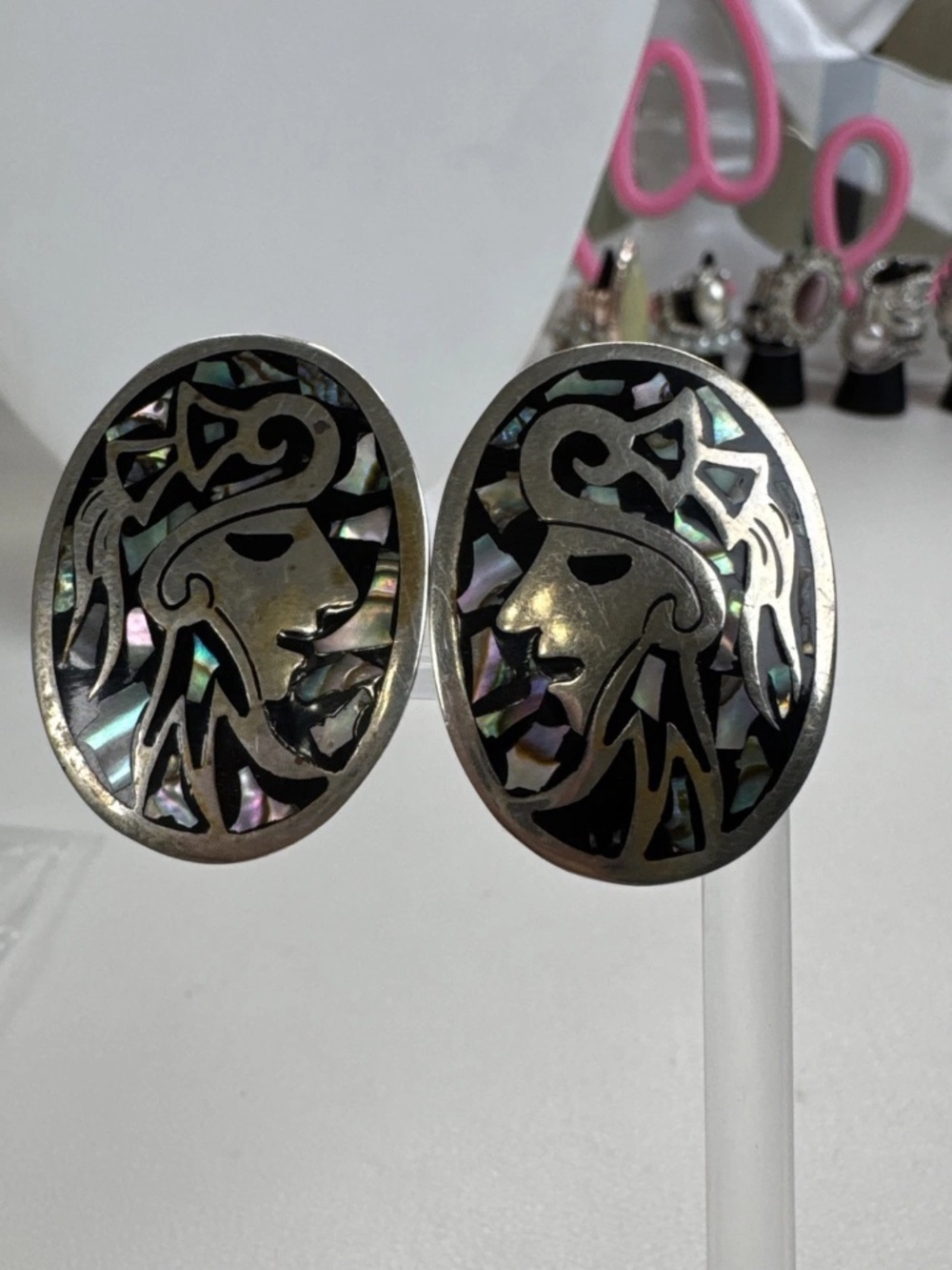 Vintage Alpaca Silver & Abalone Tribal Chief Round Clip on Earrings